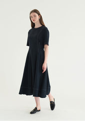 Short Sleeve Linen Blend Midi Dress with Contrast Stitching and Flared Hem Detail