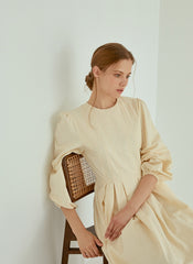 Elegant Pleated Midi Linen Dress With Long Sleeves And Tailored Fit For Effortless Grace