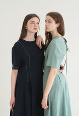 Short Sleeve Linen Blend Midi Dress with Contrast Stitching and Flared Hem Detail