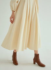 Elegant Pleated Midi Linen Dress With Long Sleeves And Tailored Fit For Effortless Grace