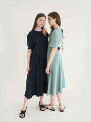 Short Sleeve Linen Blend Midi Dress with Contrast Stitching and Flared Hem Detail