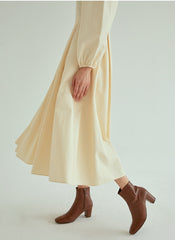 Elegant Pleated Midi Linen Dress With Long Sleeves And Tailored Fit For Effortless Grace