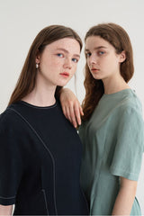 Short Sleeve Linen Blend Midi Dress with Contrast Stitching and Flared Hem Detail