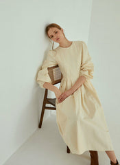 Elegant Pleated Midi Linen Dress With Long Sleeves And Tailored Fit For Effortless Grace