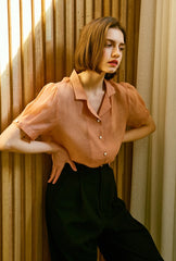 Soft Silk Short-Sleeve Blouse With Pearl Button Detail and Tailored Collar for Elegant Summer Wear