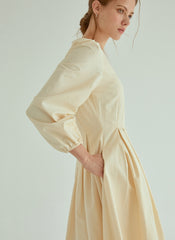 Elegant Pleated Midi Linen Dress With Long Sleeves And Tailored Fit For Effortless Grace