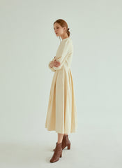 Elegant Pleated Midi Linen Dress With Long Sleeves And Tailored Fit For Effortless Grace
