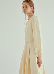 Elegant Pleated Midi Linen Dress With Long Sleeves And Tailored Fit For Effortless Grace