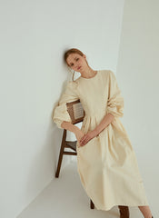 Elegant Pleated Midi Linen Dress With Long Sleeves And Tailored Fit For Effortless Grace