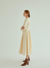 Elegant Pleated Midi Linen Dress With Long Sleeves And Tailored Fit For Effortless Grace