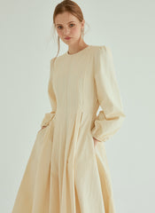 Elegant Pleated Midi Linen Dress With Long Sleeves And Tailored Fit For Effortless Grace