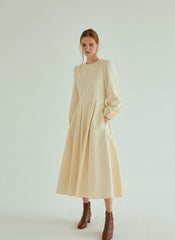 Elegant Pleated Midi Linen Dress With Long Sleeves And Tailored Fit For Effortless Grace