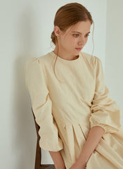 Elegant Pleated Midi Linen Dress With Long Sleeves And Tailored Fit For Effortless Grace