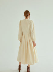 Elegant Pleated Midi Linen Dress With Long Sleeves And Tailored Fit For Effortless Grace