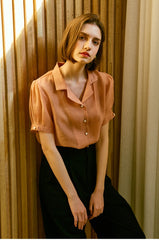 Soft Silk Short-Sleeve Blouse With Pearl Button Detail and Tailored Collar for Elegant Summer Wear