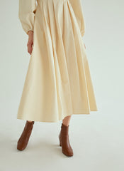 Elegant Pleated Midi Linen Dress With Long Sleeves And Tailored Fit For Effortless Grace
