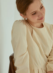 Elegant Pleated Midi Linen Dress With Long Sleeves And Tailored Fit For Effortless Grace