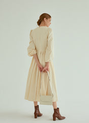 Elegant Pleated Midi Linen Dress With Long Sleeves And Tailored Fit For Effortless Grace