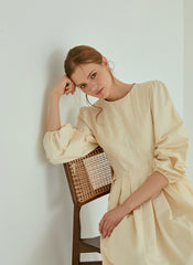 Elegant Pleated Midi Linen Dress With Long Sleeves And Tailored Fit For Effortless Grace