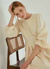 Elegant Pleated Midi Linen Dress With Long Sleeves And Tailored Fit For Effortless Grace