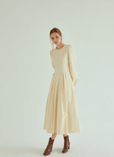 Elegant Pleated Midi Linen Dress With Long Sleeves And Tailored Fit For Effortless Grace