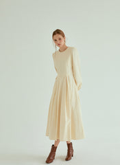 Elegant Pleated Midi Linen Dress With Long Sleeves And Tailored Fit For Effortless Grace