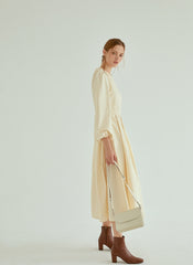 Elegant Pleated Midi Linen Dress With Long Sleeves And Tailored Fit For Effortless Grace