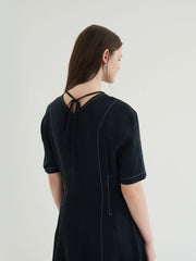 Short Sleeve Linen Blend Midi Dress with Contrast Stitching and Flared Hem Detail