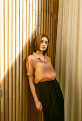 Soft Silk Short-Sleeve Blouse With Pearl Button Detail and Tailored Collar for Elegant Summer Wear