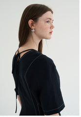 Short Sleeve Linen Blend Midi Dress with Contrast Stitching and Flared Hem Detail