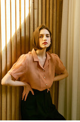 Soft Silk Short-Sleeve Blouse With Pearl Button Detail and Tailored Collar for Elegant Summer Wear