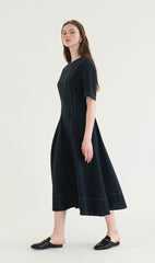 Short Sleeve Linen Blend Midi Dress with Contrast Stitching and Flared Hem Detail