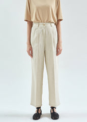 High-Waisted Straight-Leg Linen Pants with Elastic Waistband and Tailored Pleat Detail