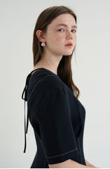 Short Sleeve Linen Blend Midi Dress with Contrast Stitching and Flared Hem Detail