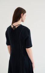 Short Sleeve Linen Blend Midi Dress with Contrast Stitching and Flared Hem Detail