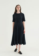 Short Sleeve Linen Blend Midi Dress with Contrast Stitching and Flared Hem Detail