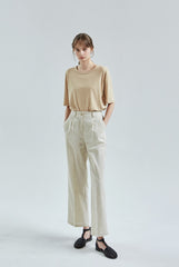 High-Waisted Straight-Leg Linen Pants with Elastic Waistband and Tailored Pleat Detail