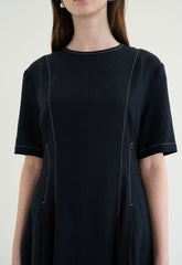 Short Sleeve Linen Blend Midi Dress with Contrast Stitching and Flared Hem Detail