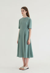 Short Sleeve Linen Blend Midi Dress with Tailored Seams and Flared Hemline Design
