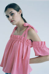 Ruffled Open-Back Linen Blouse With Gingham Pattern And Waist Tie Detail