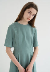 Short Sleeve Linen Blend Midi Dress with Tailored Seams and Flared Hemline Design