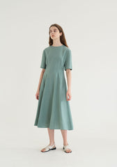 Short Sleeve Linen Blend Midi Dress with Tailored Seams and Flared Hemline Design