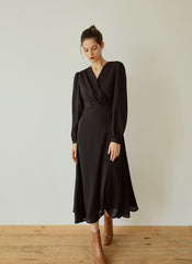 Elegant Wrap V-Neck Linen Dress with Long Sleeves and Flared Hem for Effortless Style