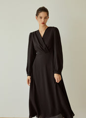 Elegant Wrap V-Neck Linen Dress with Long Sleeves and Flared Hem for Effortless Style