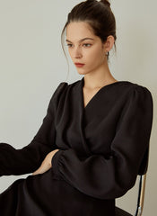 Elegant Wrap V-Neck Linen Dress with Long Sleeves and Flared Hem for Effortless Style