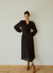 Elegant Wrap V-Neck Linen Dress with Long Sleeves and Flared Hem for Effortless Style