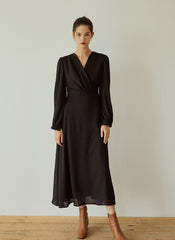 Elegant Wrap V-Neck Linen Dress with Long Sleeves and Flared Hem for Effortless Style