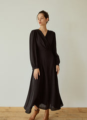 Elegant Wrap V-Neck Linen Dress with Long Sleeves and Flared Hem for Effortless Style