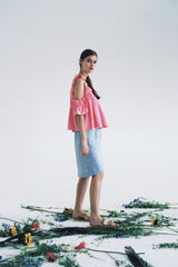 Ruffled Open-Back Linen Blouse With Gingham Pattern And Waist Tie Detail