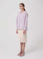 Button-Front Relaxed Fit Linen Blouse with Boat Neckline and Long Sleeves for Women